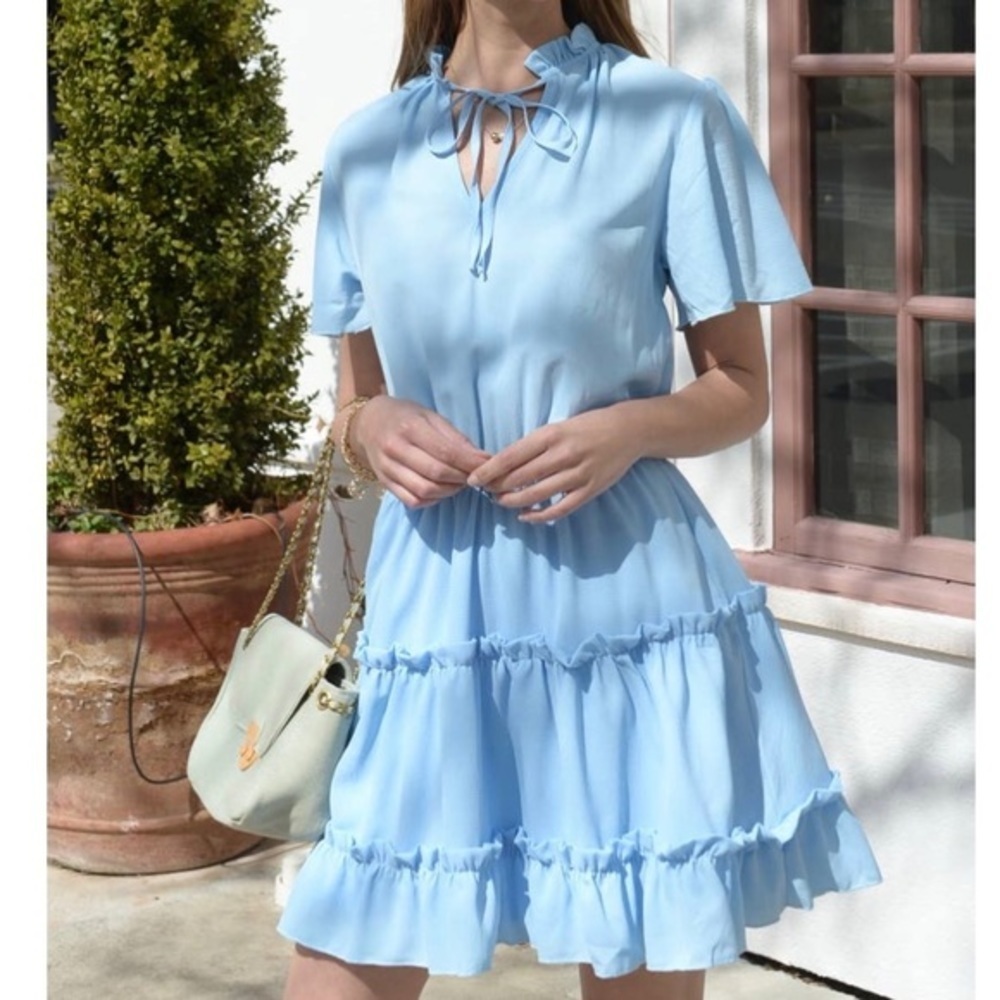Light Blue Tiered Mini Dress | Ruffle Sleeve Mock Neck Dress